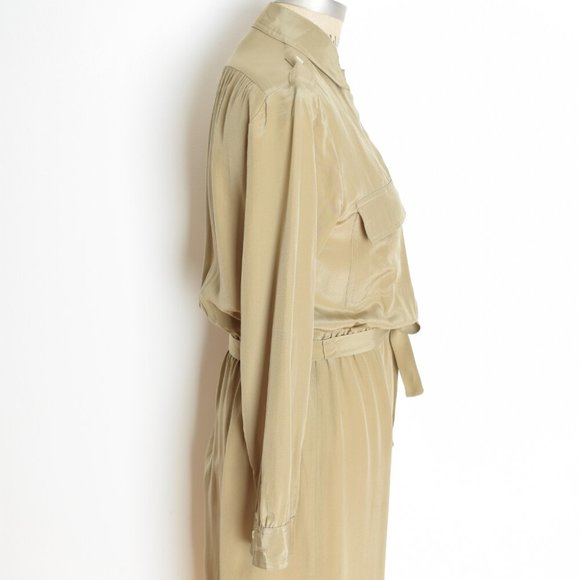vintage 80s dress beige silk neutral secretary safari midi belted military M - Picture 5 of 7